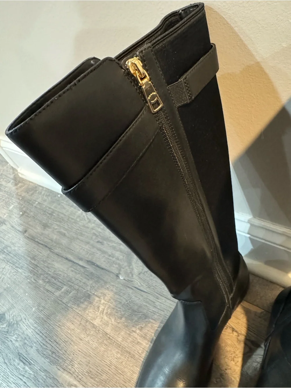 Coach Black Leather Knee-High Riding Boots with Gold Buckle